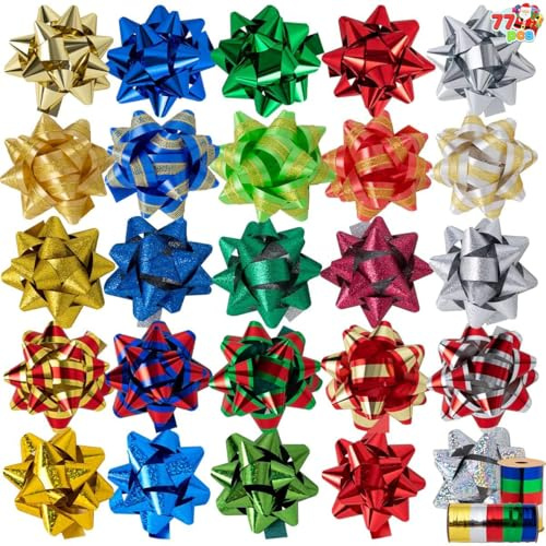 JOYIN 75 Stück 3 Zoll große Selbstklebende Weihnachts-Geschenkschleifen und 8 Rollen weihnachtliche Kräuselbänder für Körbe, Weinflaschen-Dekoration, Geschenkverpackungen und Dekorationsgeschenke