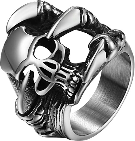 JewelryWe Schmuck Herren-Ring, Edelstahl, Gotik Schädel Klaue Poker Karte, Schwarz Silber