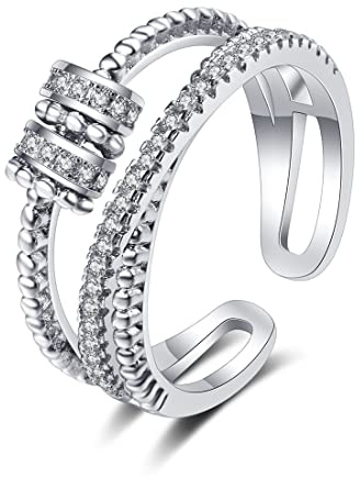 EUJEBEDA Angst Ring für Frauen Männer Fidget Rings Frieden zum Stressabbau Retro Spinner Ring Verstellbare Bandringe Offene Perlenringe Verstellbarer Ring Silber.