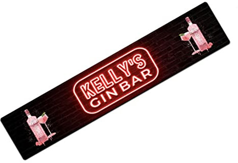 Personalised Small Gin Bar Runner Mat - Red Neon Gin printed home bar mat