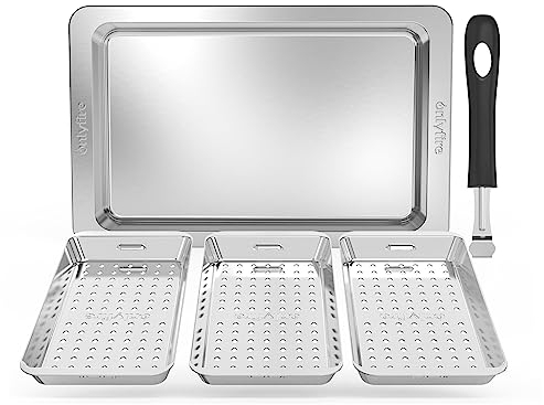 onlyfire Set di Cestello per Barbecue, 3 Cestino per Verdure da Barbecue in Acciaio Inox con Vassoio di Servizio e Manico a Clip, Cestello Forata per Grigliate di Pesce, Verdure e Carne