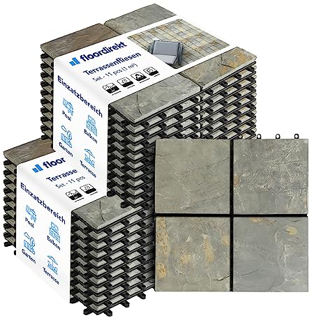 Floordirekt Naturstein Schiefer Fliesen 30x30 cm, 2m² = 22 Terrassenfliesen, Klickfliesen, Balkonfliesen - Bodenbelag für Balkon & Terrasse - wetterfest mit Drainagefunktion | rostiger Schiefer