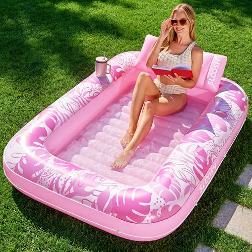 SLOOSH Inflatable Tanning Pool Lounger Float,70 x 46 Pool Floats Adult with Pillow,4 in 1 Suntan Tub Raft Floatie,Sunbathing Bed Lounge for Water Blow Up Kids Ball Pit Party Gifts,L-Blushing Pink