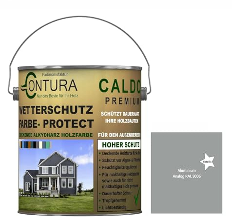 Contura Wetterschutzfarbe 500ml. Holz Dauerschutzfarbe Deckend Buntlack Holzfarbe Holzlasur Seidenmatt (Aluminium - RAL 9006 Metallic)