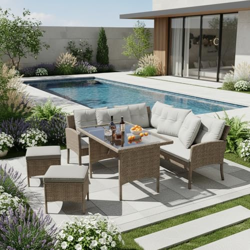 Merax Rattan Garden Furniture Sofa 7-seater, Corner Garden Sofa with Glass Dining Table, Garden Entertaining Funiture Set, Removable and Washable Cushions, Khaki