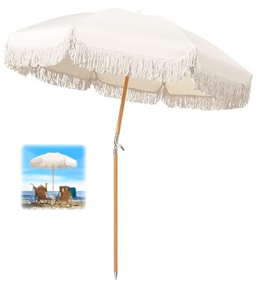 180 cm weißer Boho-Regenschirm mit Fransen, tragbarer Strandschirm für Sand, LSF 50+, Outdoor-Terrassenschirm mit neigbarem Tischschirm, wasserdicht, Gartenschirm, Outdoor, Boho, Hofschirm mit