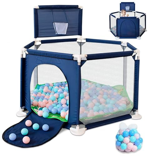 JUPPLIES Parque Infantil Bebe 127x127cm Hexagonal – Corralito Bebe con Malla Transpirable – Parque de Juegos Bebe con Puerta Lateral – Playpen Bebe - Parque con Canasta y Pelotas