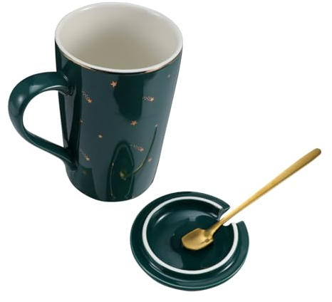 Sets Keramik Kaffeetasse Espressotasse Tasse Becher Wassertasse mit Deckel und Löffel Kaffeetasse Mokkatasse Porzellan Kaffeetassen Keramik Trinkbecher Stern Wasser Saftbecher Milchtasse Metall (Grün