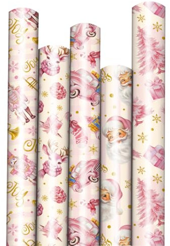 SULOLI 5 Rouleaux Rose Papier Cadeau Noël, Papier d'Emballage de Noël en 5 Motifs Différents, Set de Papier Cadeau de Noel (43cm*3m）