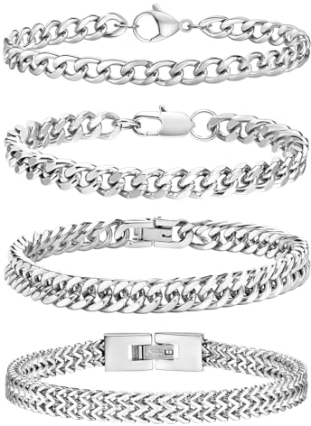 Esmoly Herren Armband Set - 4 Stücke Silber, Gold, Schwarz Edelstahl Kubanische Armbänder, 19cm/21cm/23cm Länge, Geburtstags Geschenke für Männer (Silber 21cm)