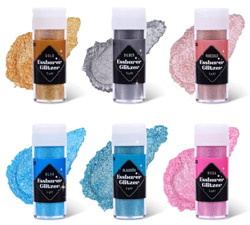 Essbares Glitzer Set 5g x 6 Farben Lebensmittel Glitzer für Getränke, Glitzerpulver Geschmacksneutrales Lebensmittelfarbe Pulver, Glitzerpuder für Torten, Champagner, Kuchen, Fondant, Cocktail，Wein