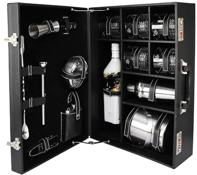 Kit d'outils de barman professionnel avec étui en cuir, ensemble d'accessoires de bar, valise, porte-vin, carafe à whisky, shaker à cocktail, outils de mélangeur à martini, outils de bar, noir