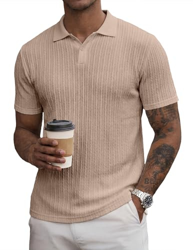 Dokotoo Men Mens Knit Polo Shirts Short Sleeve Button Down Texture Polo T Shirts Casual Golf Polo Collared Shirts A Khaki