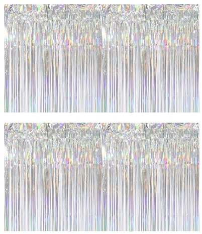 2 Stück 275 x 75 cm schillerndes silbernes Lametta-Tischrock, holografischer Tischrock, Banner, Girlande, metallische Fransen, Tischrock, Party-Tischrock, rechteckige Tischschlangen,