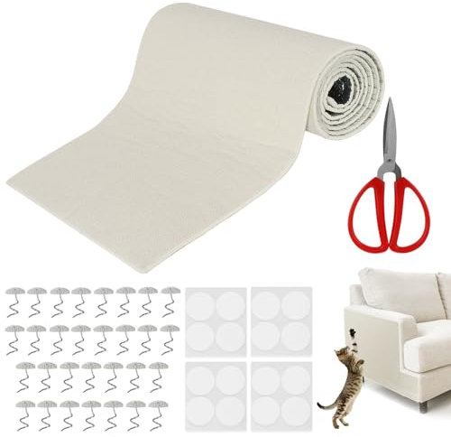 200cmx40cm Kratzmatte Katzen Selbstklebend, Kratzteppich Katze Wand, Kratzschutz Sofa Katze, Schere, Sofaschnallen und Doppelseitige Klebepunkte(Grau)