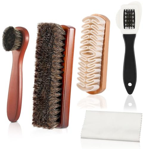 Belegao 5pcs Shoe Brush Set - 2pcs Horsehair Shoes Brushes 1 4-sided Cleaning Brush 1 Suede Shoe Brush and 1 Cleaning Cloth for Cleaning Polishing Leather Shoes, Boots, Sneakers, Car Seats, Sofas