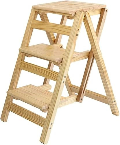 DUANZEYUQA - Sgabello pieghevole a 3 gradini, con piedini antiscivolo e design multifunzionale, sedia da cucina (colore legno, 3 gradini)