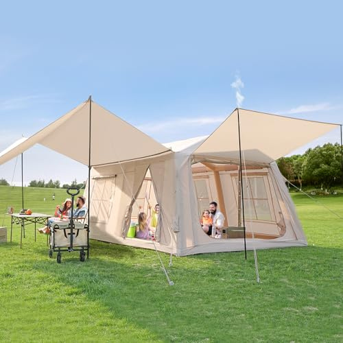 MOPHOTO Inflatable Tents for Camping, Large Blow Up Tent with Hand Pump, Easy Setup Family Tent 4 Season Tent, Waterproof Oxford Air Glamping Tents 6/8 Person(2Rooms,With a Canopy)