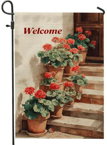 Bandiera da giardino di benvenuto, decorazione floreale per esterni con gerani rossi, striscione estivo per la casa, bandiera da cortile in iuta su entrambi i lati per la decorazione del prato 30,5 x