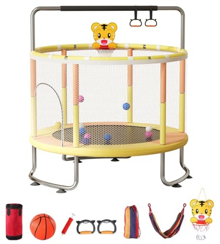 yulewiix - Trampolín para niños de 5 pies con red de altavoz, 440 lbs - Trampolín para niños de corta edad para exteriores (barra de gimnasio ajustable, aro de baloncesto, columpio, bolas oceánicas,