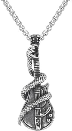 IMINI Collana con ciondolo a forma di chitarra a serpente vintage, per uomini e donne, catena in acciaio inox da 60 cm, a tema musica rock, hip hop, biker, idea regalo, stile punk gotico alternativo