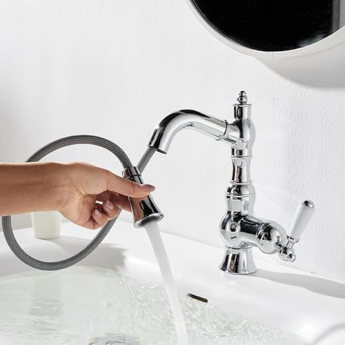 EGTink Rubinetto Bagno con Doccetta Estraibile, Miscelatore Lavabo con Maniglie in Ceramica Rubinetto Lavabo Ottone, Rubinetto Lava Mano Estensibile Caldo e Freddo Regolabile, Cromato