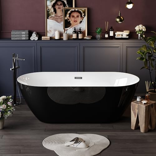 GarveeLife 59'' Acrylic Freestanding Bathtub, Soaking Bathtub with Deep Ergonomic Design Matte Drain Overflow, cUPC Certified, Double-Walled Insulation, Easy Install and Safe Use, Black & White