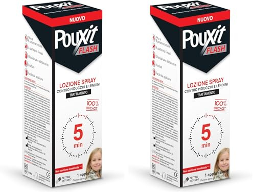 Pouxit Flash, Spray Pidocchi e Lendini, Azione Rapida, Senza Insetticidi, Pettinino Incluso, 150 ml (Confezione da 2)