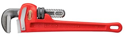 RIDGID 31015 Heavy-Duty Straight Pipe Wrench, 12 Sturdy Plumbing Wrench with Self Cleaning Threads and Hook Jaws, Red, Small