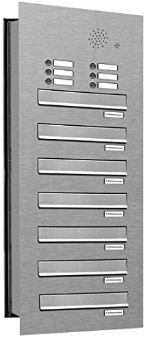 AL Briefkastensysteme 7 er Briefkasten Mauerdurchwurf in V2A Edelstahl mit Klingel, 7 Fach DIN A4, wetterfeste Premium Briefkastenanlage Postkasten