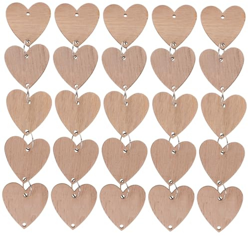 50pcs Heart Wooden Slices with 50 Iron Wooden Calendar Board Heart-Shaped Wood Cutouts Wood Grain Shapes Calendar Unfinished Predrilled Discs for Crafts, Circles