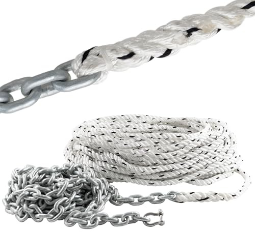 Five Oceans Windlass Anchor Rode, Hand-Spliced Anchor Rope and Chain Combination Kit, 9/16 x 150' Nylon 3-Strand Rope, 5/16 x 20' G4 Hot-Dipped Galvanized Steel Chain for Boat Anchor System - FO4288