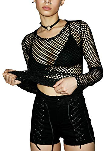 Carolilly Haut Femme Sexy à Manches Longues en Maille Fishnet T-Shirt Ajouré Erotique Clubwear - XL - Noir
