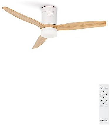 CREATE / WINDCALM/Ventilador de techo ABS con luz blanco aspas efecto madera clara y mando / 40W, Silencioso, Ø132 cm, 6 velocidades, 3 temperaturas de luz, temporizador, función verano-invierno