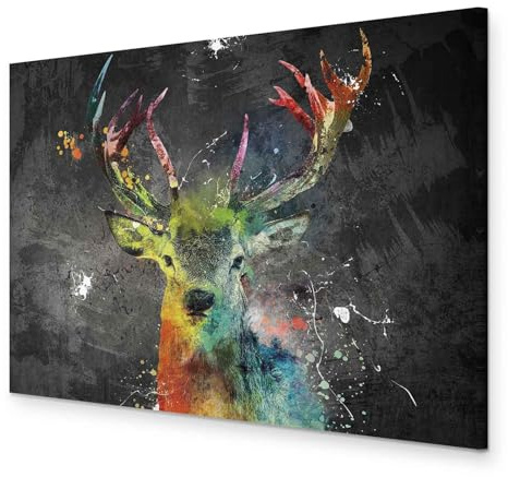 murando - Leinwandbild Hirsch bunt a, Schlafzimmer, Wohnzimmer, Kunstdruck | Hochwertige Leinwand, sofort aufhängbar, ideal fürs Wohn- oder Schlafzimmer, wasserfest und lichtecht, langlebig, stilvoll