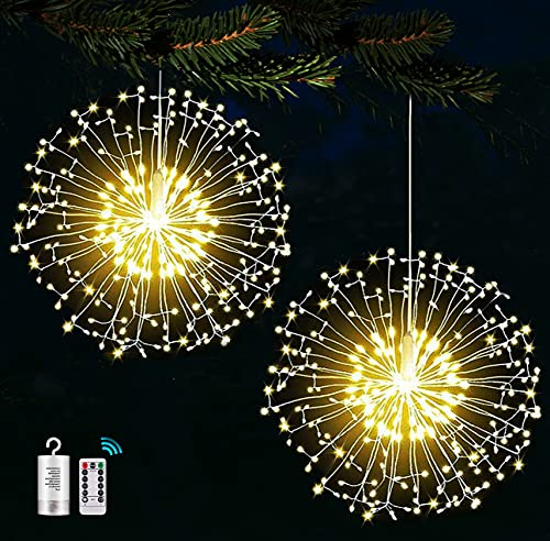 Joycome 2 luces de fuegos artificiales de 198 luces LED de alambre de cobre Starburst 8 modos funciona con pilas con control remoto, resistente al agua para árbol de Navidad decoración Blanco Cálido