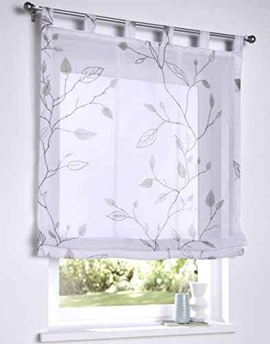 Raffrollo Schlaufenrollo Bonnie weiß, transparent, grau Bedruckt, Raffgardine für Gardinenstange, 120 x 140 cm