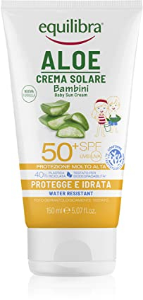 equilibra Solari, Aloe Crema Solare Bambini SPF 50+, Crema Solare Pelli Delicate a Base di Aloe Vera, Olio di Argan, Olio di Cocco, Burro di Karité e Vitamina E, Water Resistant, 150 ml