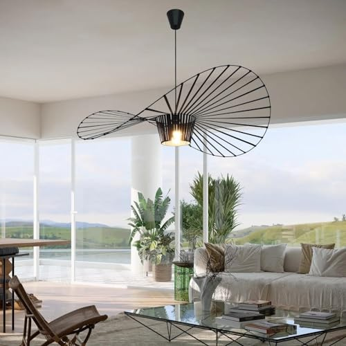Msyyuu Hängeleuchte Vintage Wohnzimmer LED Vertigo Pendelleuchte (Licht Höhenverstellbar) Fiberglas/PU Hut Lichter E27 Kronleuchter für Restaurant Schatten (80 cm, Schwarz)