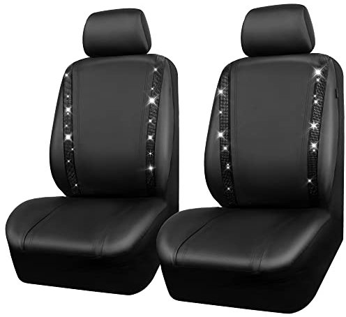 CAR PASS Set di 2 coprisedili per auto in pelle con strass brillanti, impermeabili, universali, luccicanti, adatti per il 95% di auto, camion, SUV, per donne e ragazze, 2 pezzi con strass neri