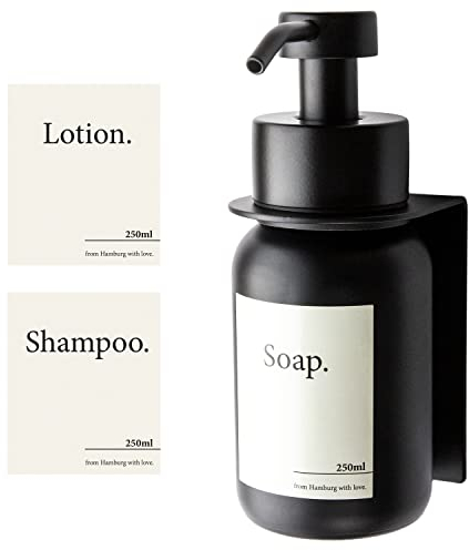 Designfabrik Hamburg | Glas Seifenspender mit Wandhalterung selbstklebend | Edelstahl-Pumpspender für Flüssigseife | Spülmittelspender ohne Bohren | mit Wandhalter | Schwarz/Schwarz