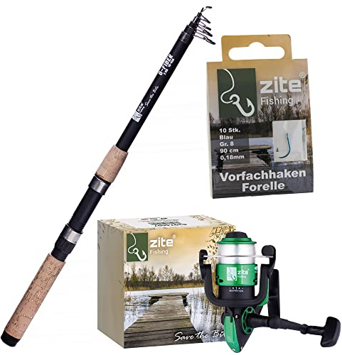 Zite Fishing Forellen-Set/Forellen-Angeln Angelset/Teleskoprute 2,40m + Forellenrolle bespult + Vorfachhaken Gr. 6 10 STK | Angelzubehör Set