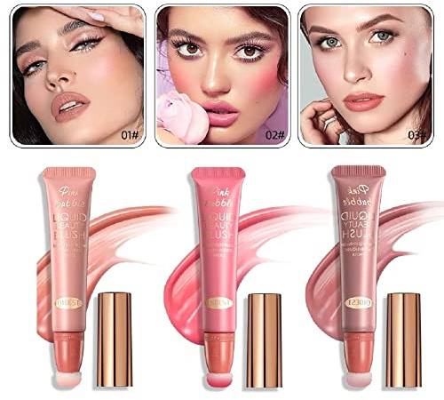 Liquid Blush Wand Face Liquid Blush with Cushion Applicator Lightweight Soft Waterproof Blendable Rouge Liquid Blush Stick for Eyeshadow Cheeks And Lips Multi-Use Makeup (3 Pcs)