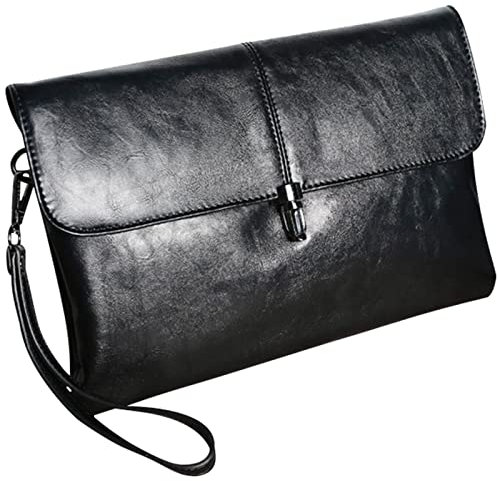 Ogetok Leather Clutch Wristlet Wallet for Women and Men - 10 inch Black Handbag with Wrist Strap, Travel Business Briefcase Phone Holder Purse