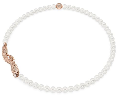 Swarovski Nice Y-Anhänger, Rosé Vergoldete Damenhalskette mit Feder-Motiv und Strahlenden Swarovski Kristallen