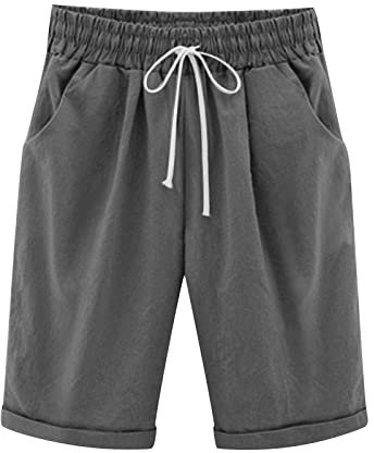 AMhomely Damen-Shorts mit Tasche, Baumwoll-Leinen-Shorts, knielang, Kordelzug-Shorts, elastische Taille, Bermuda-Shorts, aktives Workout, Lauf-Shorts, einfarbig, Übergröße, lässige Shorts für Damen,