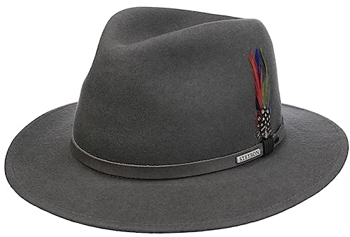 Stetson Cainsville Traveller Wollhut Unifarbener Unisex Filzhut Garniturband Feder Herbst Winter Made in EU Faltbar Wasserabweisend dunkelgrau XXL (62-63 cm)
