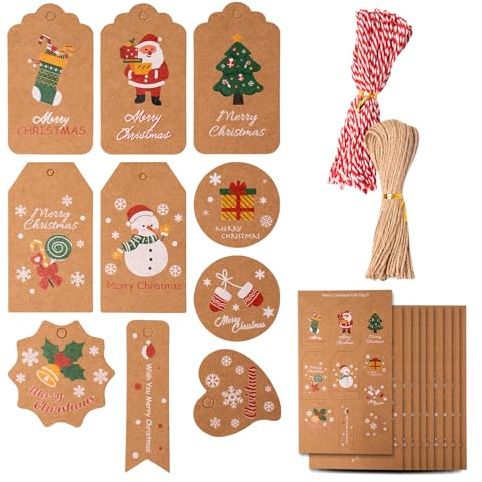 ZYDYRX 100 pezzi Etichette Regalo Natalizie Appendere Etichette Natalizie 6 Forme Etichette Natalizie Carta Kraft Marrone con Cordoncino Colorato Corda Iuta per Decorazioni Natalizie Artigianali D