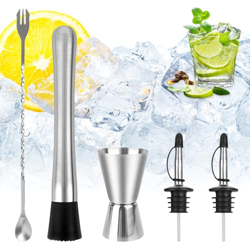 Set di 5 shaker per cocktail e cocktail, in acciaio inox, durevoli strumenti da bar con misurino, cucchiaio, versatore in acciaio inox, pestello, misurino per barman, cucina, bar, ristorante