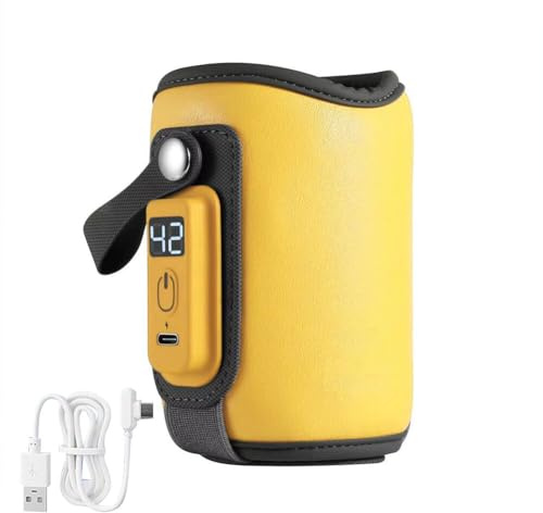 Asudaro Babyflaschenwärmer, USB Flaschenwärmer Tasche Tragbar Babyflasche Heizung Konstante Temperatur 24 Stunden - PU Baby Milch Wärmer, mit 5 Temperatureinstellungsstufen Gelb